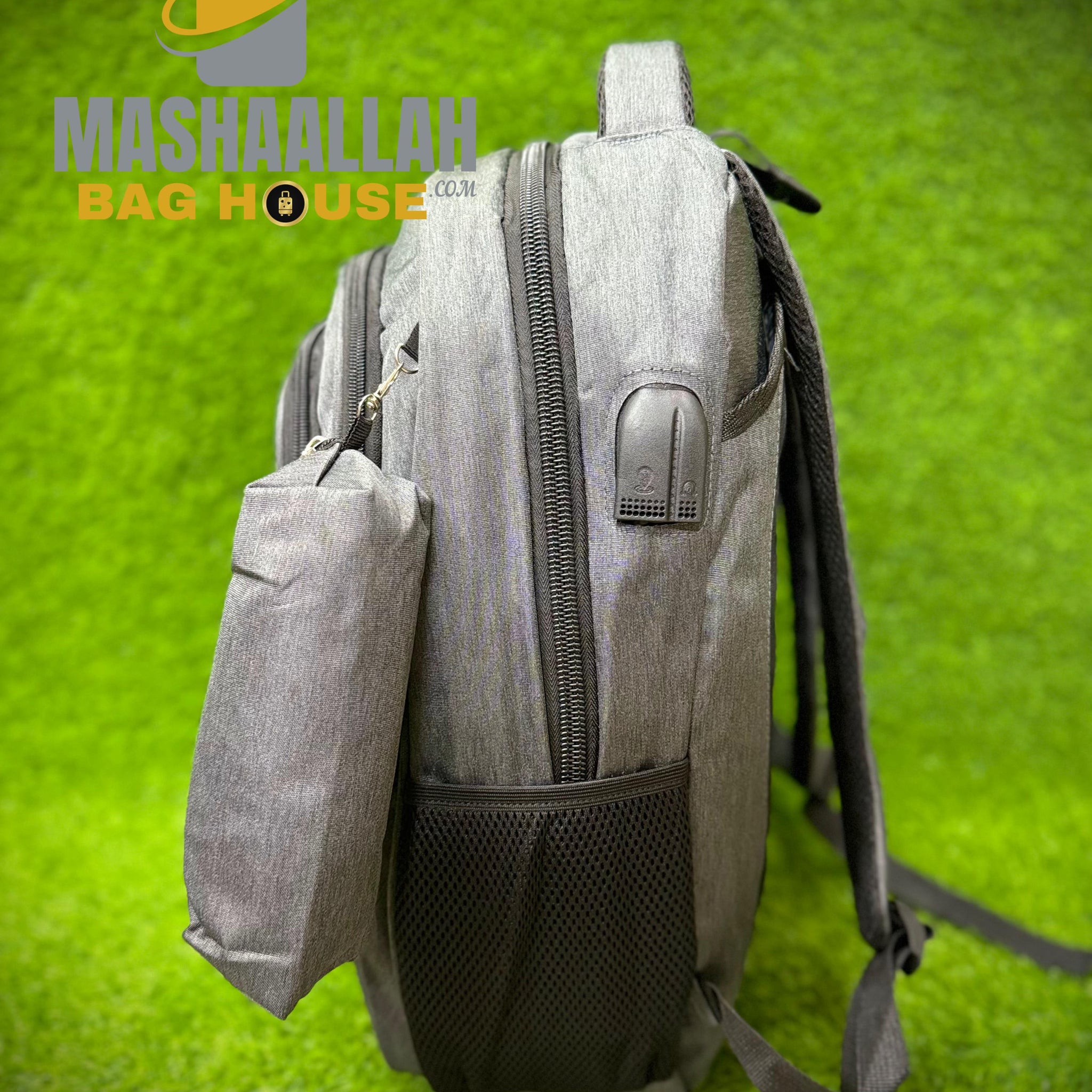 men's shoulder bag with combination lock and built-in power bank system.