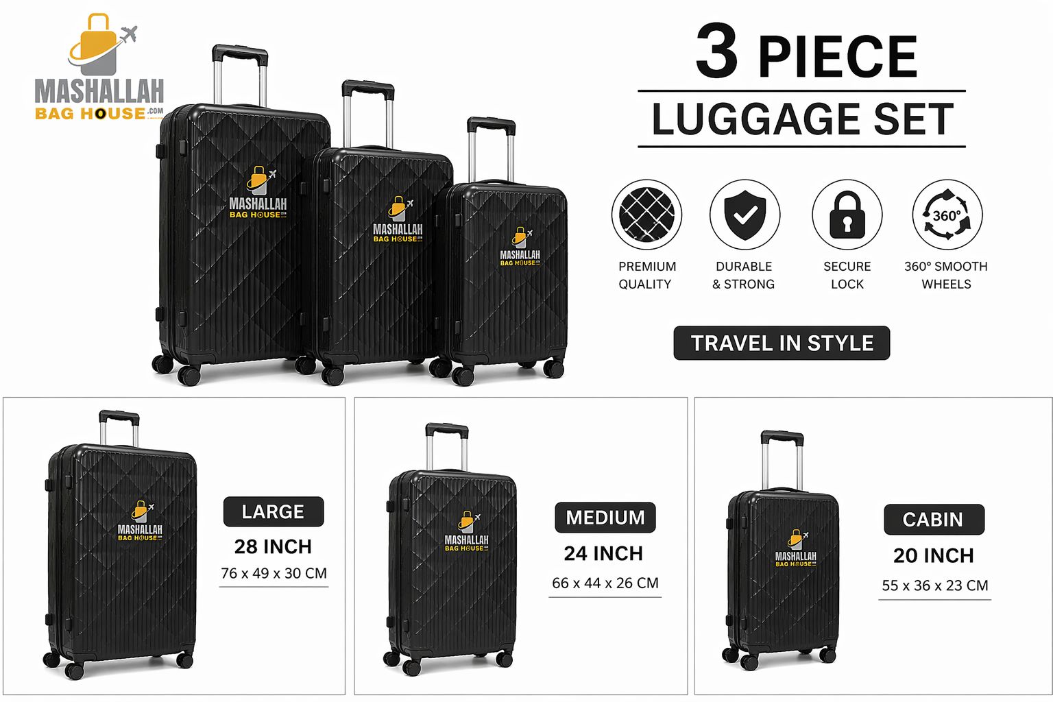 Royal Glide 3-Piece ABS Luggage Set - Impact Resistant, Lightweight