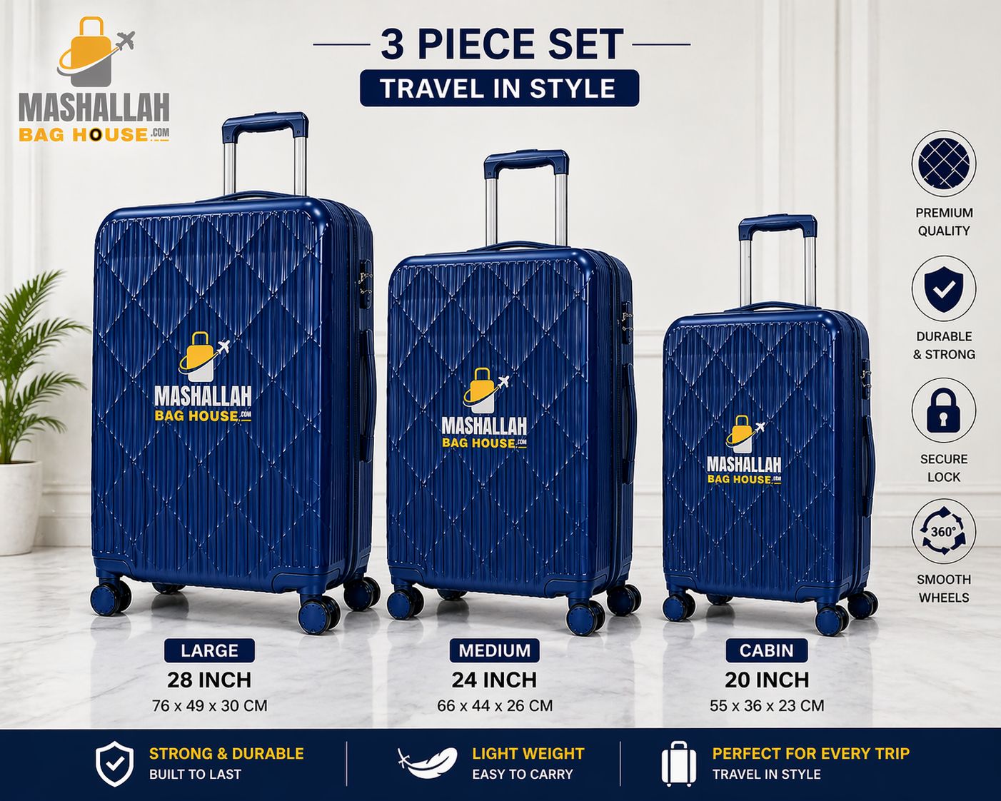 Royal Glide 3-Piece ABS Luggage Set - Impact Resistant, Lightweight