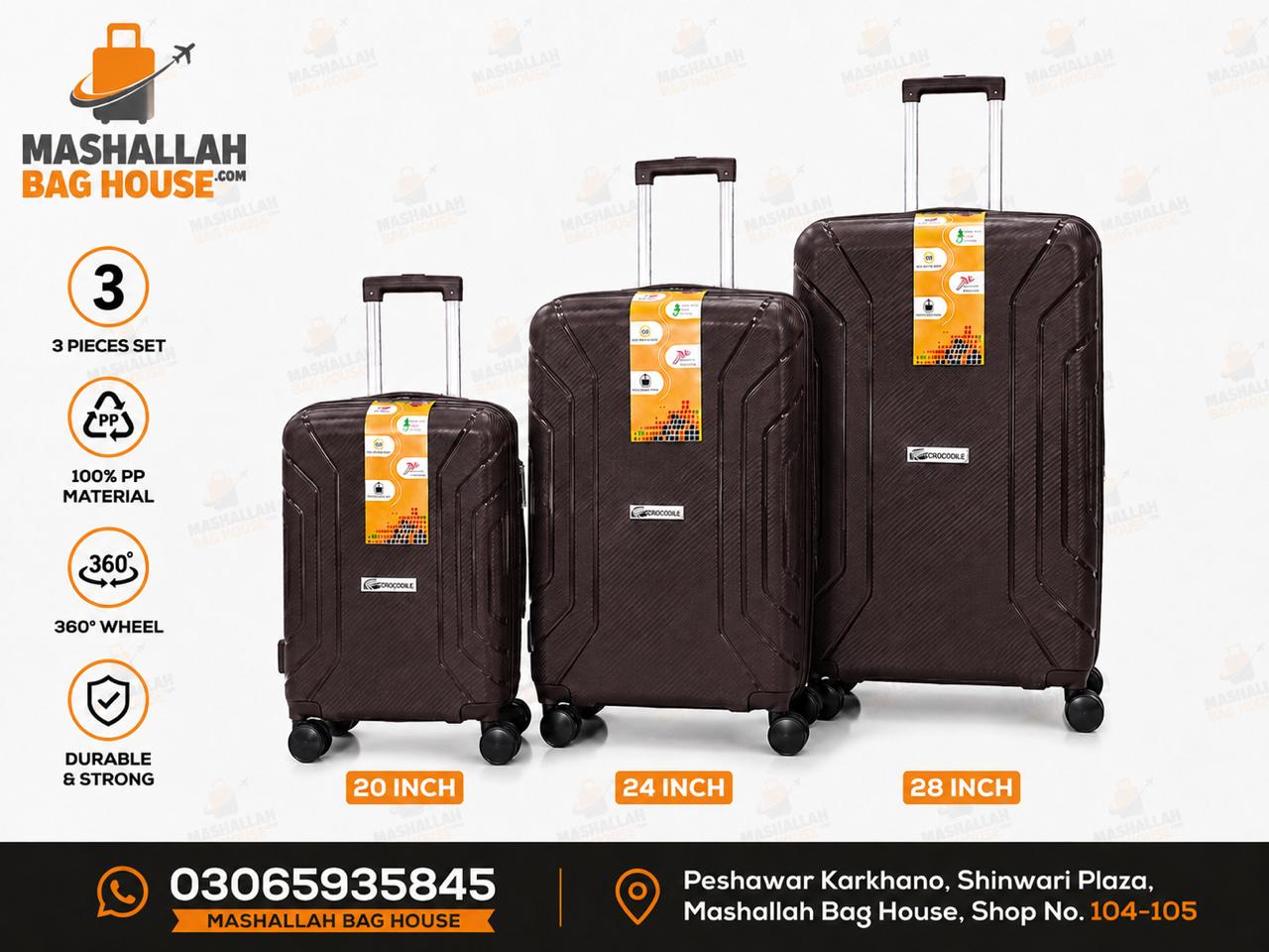 Crocodile Premium PP 3-Piece Luggage Set – Unbreakable